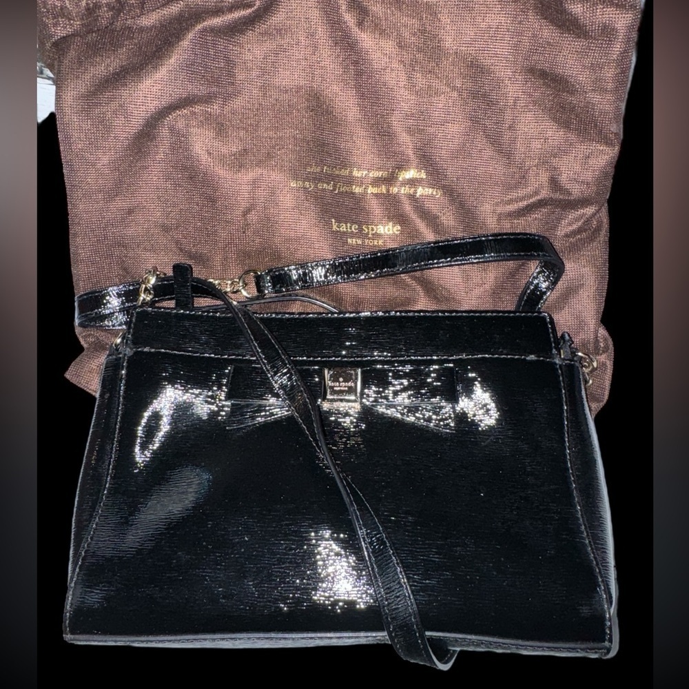 Kate Spade Black Patent Leather Black Crossbody Bag - Bow & Chain Accents